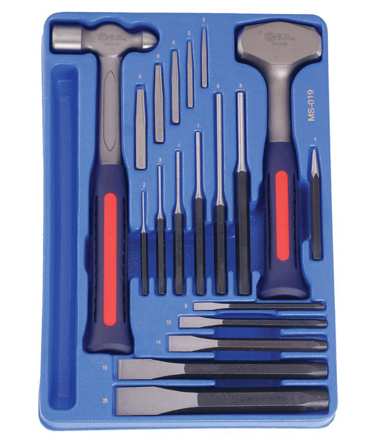A tool set including punches & chisels, extractors and hammers. Presented in a blue plastic storage tray.
