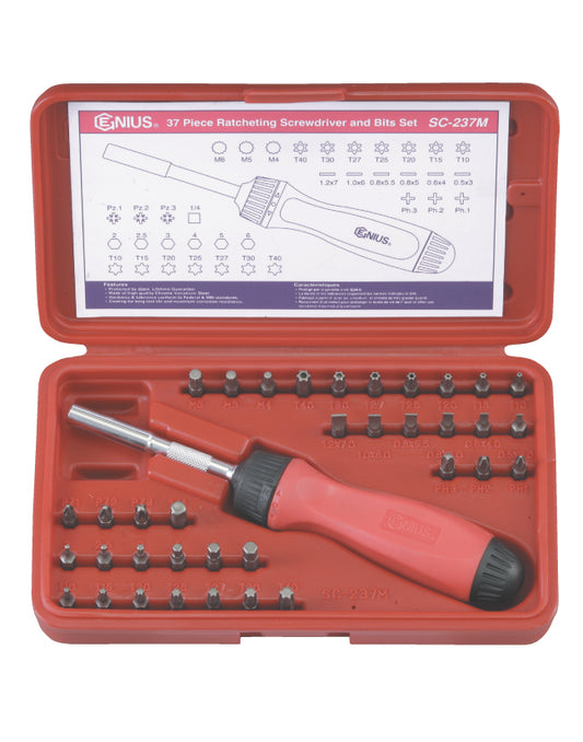 Genius 37-piece ratcheting screwdriver and bit set in a red plastic storage case.