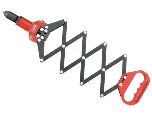 Industrial scissor riveter tool with a red handle, black and silver body, and chrome molybdenum jaws.