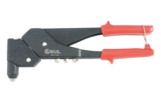 A black hand riveter with red handles and a 360 degrees swivel head, branded with the name Genius Tools.