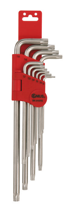 A set of chrome tamperproof torx keys in a red plastic holder.