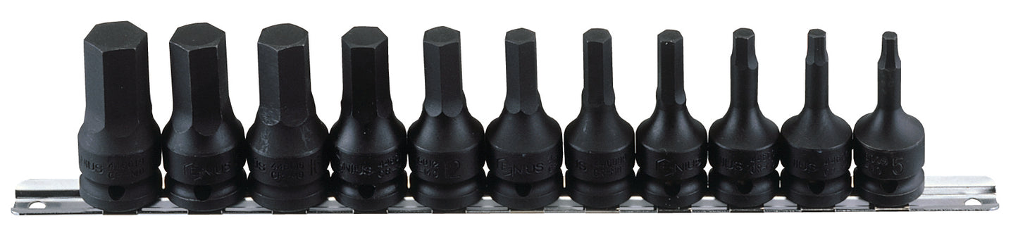 11pc metric black hex impact driver set on a metal socket rail.