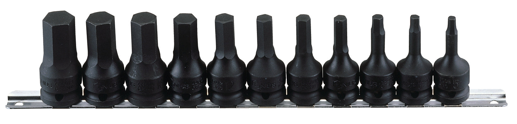 11pc metric black hex impact driver set on a metal socket rail.