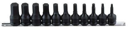 11pc metric black hex impact driver set on a metal socket rail.