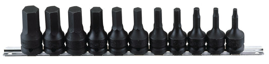 11pc metric black hex impact driver set on a metal socket rail.