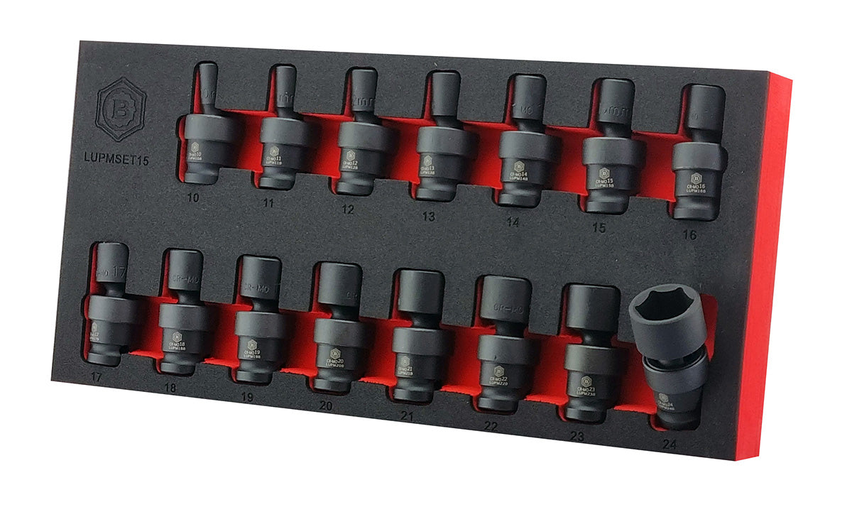 15PC 1/2" DRIVE FLEXI / UJ IMPACT SOCKET SET (6 POINT) 10-24MM BRITOOL HALLMARK