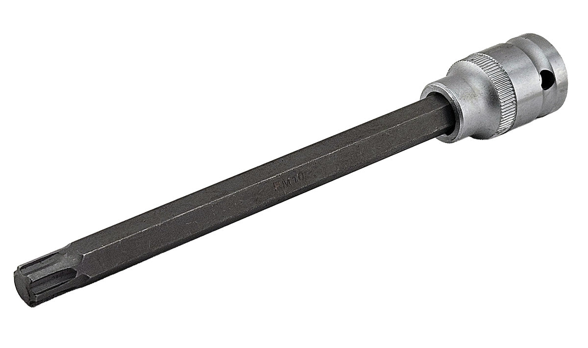 A long ribe style bit fixed in a 1/2" drive socket for the removal of cylinder head bolts.