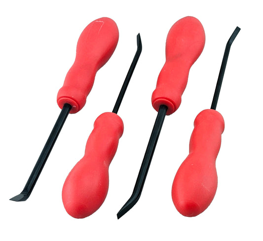 4-piece mini pry bar set with angled 30° and 50° ends, ideal for removing seals, clips, and wire harnesses in tight spaces.