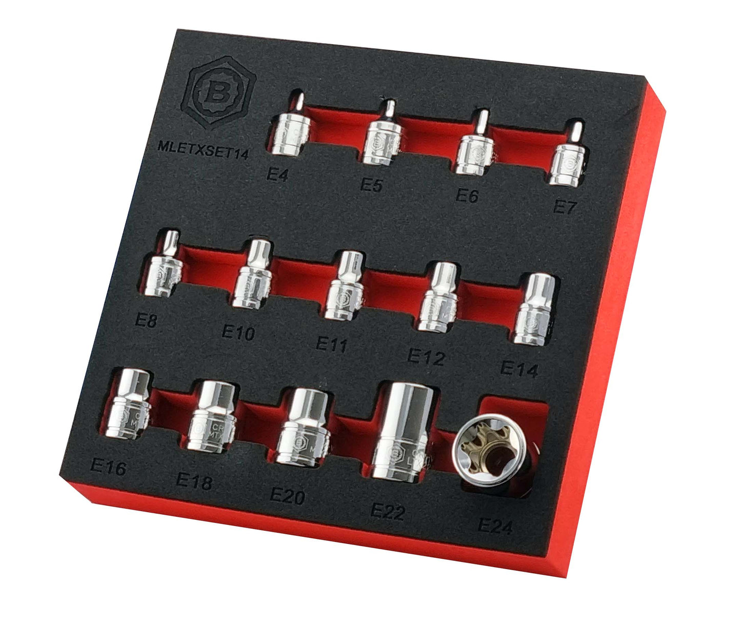 A Britool 14-piece e torx socket set, organised in a black and red foam tray, made from Chromium-Molybdenum Steel.