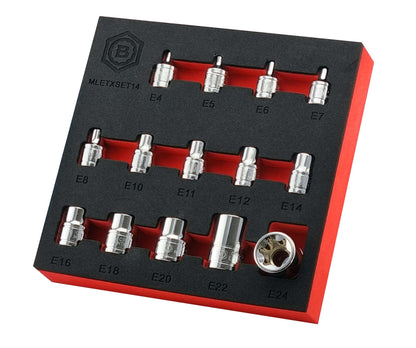 A Britool 14-piece e torx socket set, organised in a black and red foam tray, made from Chromium-Molybdenum Steel.