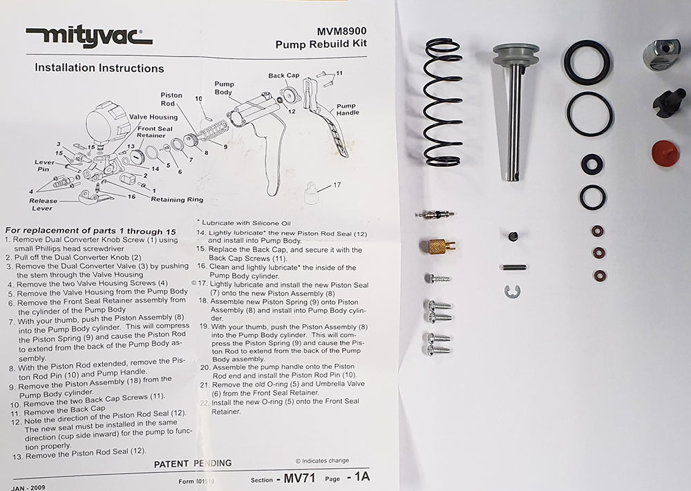 PUMP REBUILD KIT FOR MITYVAC SILVERLINE MV8500 / MV8510