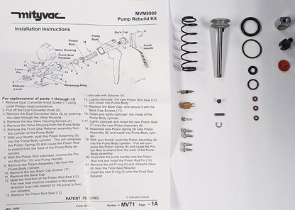 PUMP REBUILD KIT FOR MITYVAC SILVERLINE MV8500 / MV8510