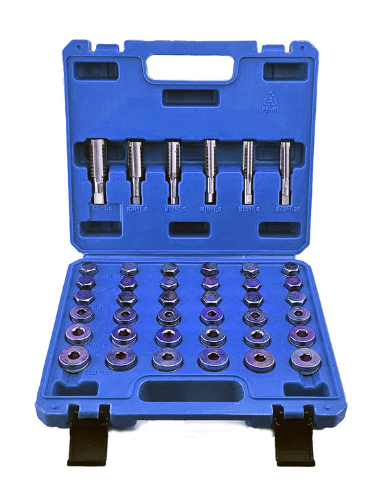 Oil drain plug repair kit with thread taps, replacement plugs, and sealing washers for M13 to M22 thread sizes.