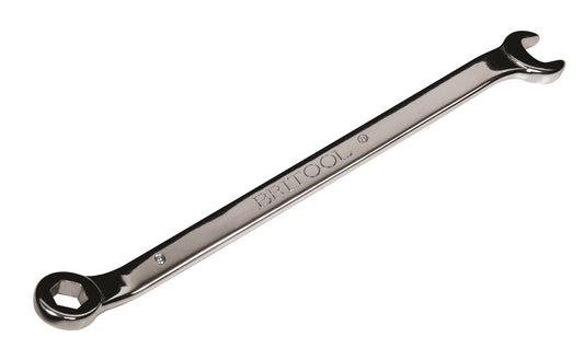 A chrome brake spanner with a hexagon ring on one end and an open jaw on the other, with visible Britool and England branding.