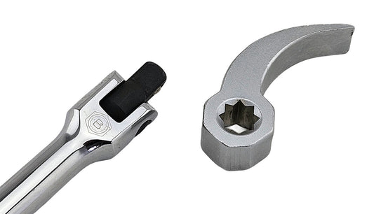 A steel prybar adapter suitable for use with 3/8" drive breaker bars and ratchets.