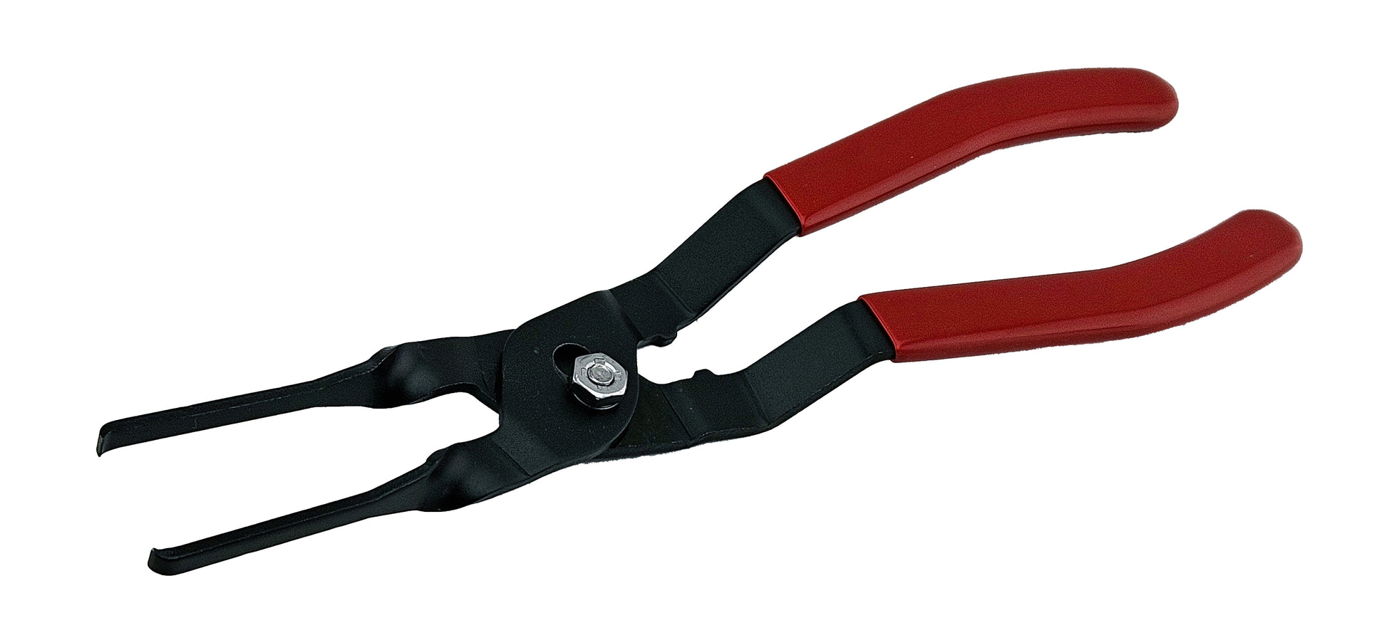 Extra-long relay removal pliers with narrow hooked jaws and plastic-dipped handles, designed for accessing and extracting relays in confined automotive spaces.