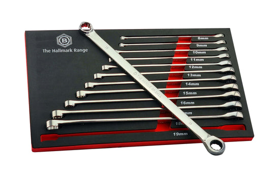 EXTRA-LONG DOUBLE RING RATCHET SPANNER / WRENCH SET FROM BRITOOL HALLMARK