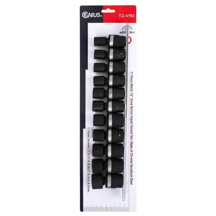 11Pc 1/2" Dr. Metric Swivel Impact Socket Set Genius Tools TG-411M