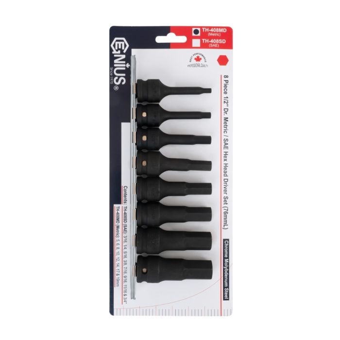 Genius Tools Hex Impact Bit Socket Set 8 Piece Metric 1/2" Drive - TH-408MD