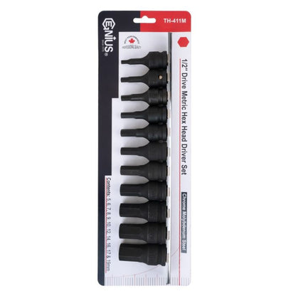 11 Piece 1/2" Drive Hexagon Impact Driver Set - Genius Tools TH-411M