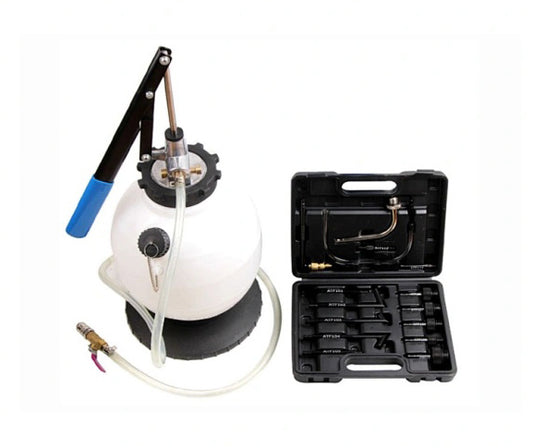 Oil dispensing unit with 7.5L capacity, pressure pump, and 15 vehicle-specific adapters for easy oil filling and fluid changes