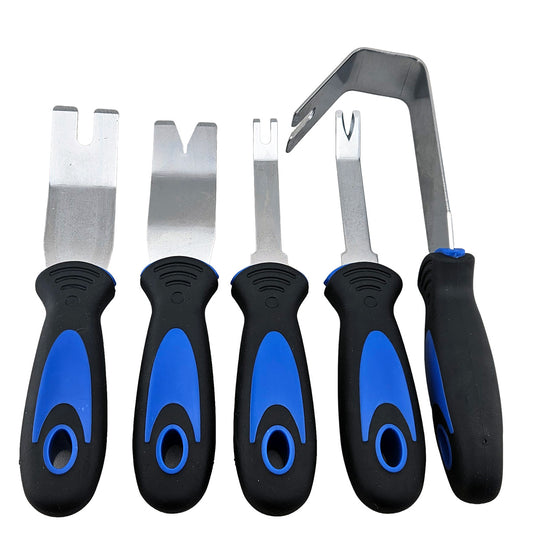 Set of five metal trim clip tools with black and blue handles.