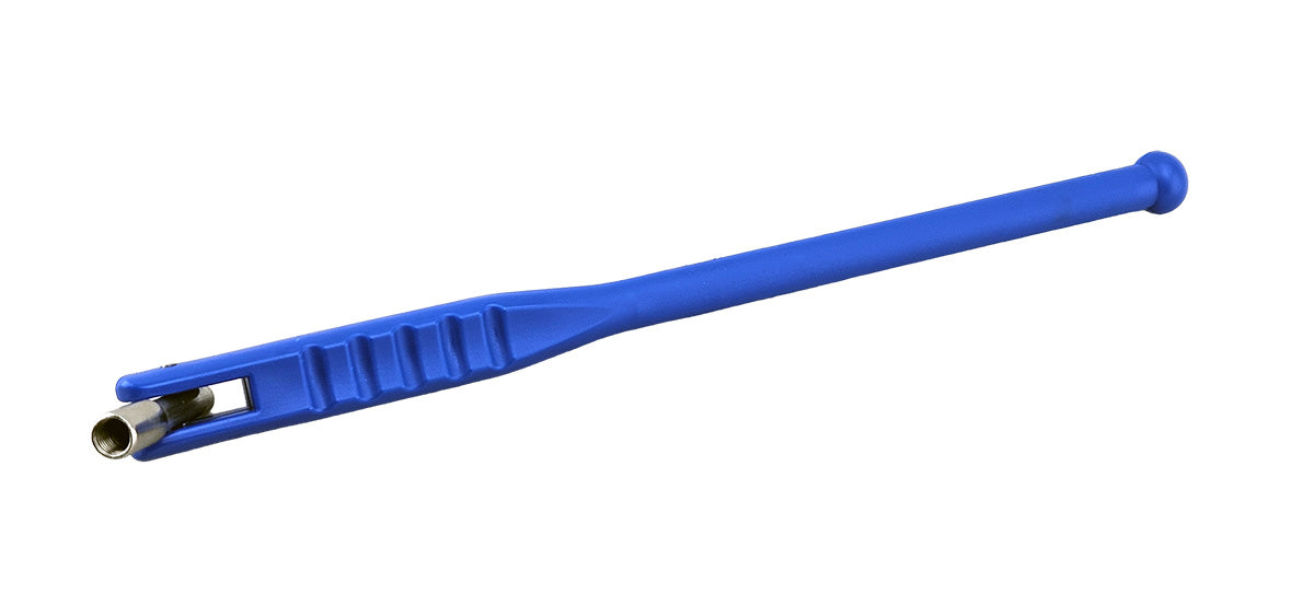 Blue plastic tyre valve tool for fitting schrader type tyre valves.
