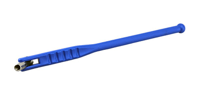 Blue plastic tyre valve tool for fitting schrader type tyre valves.