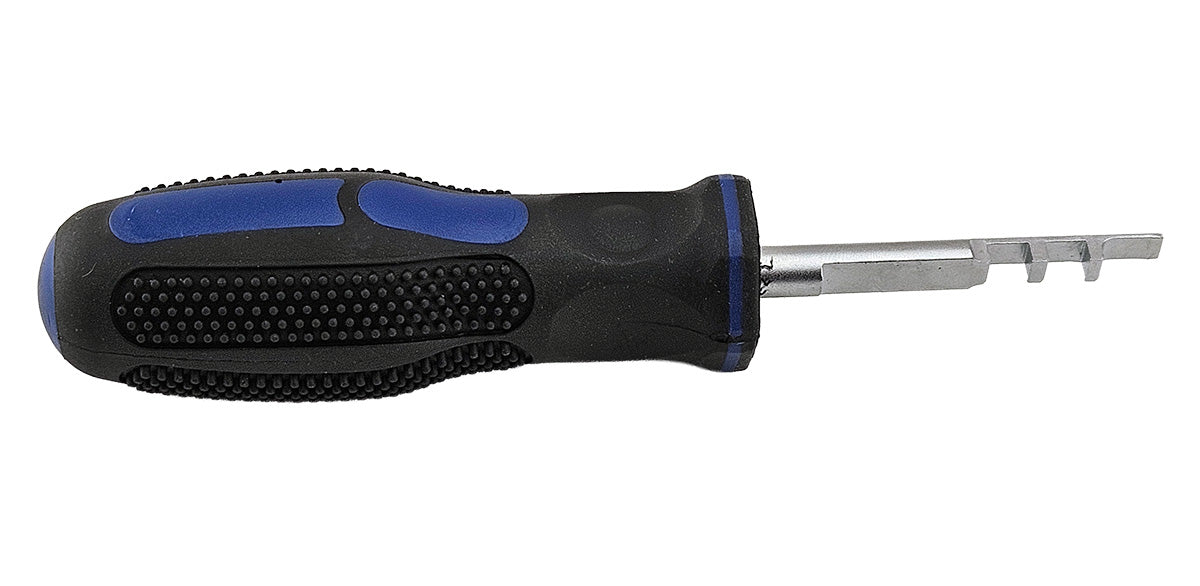 Special tool for releasing car electronic connectors on VAG cars with black and blue screwdriver style handle.