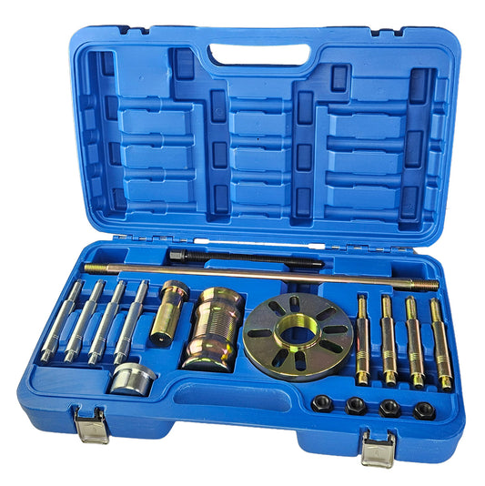 Blue tool case with mechanical components for removing wheel hubs and driveshafts. 