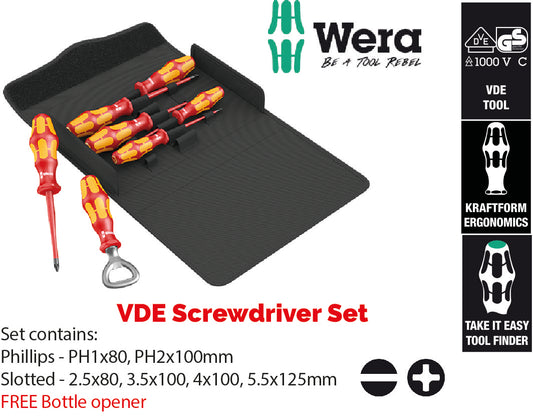 WERA TOOLS VDE INSULATED ELECTRICIANS SCREWDRIVER SET (PH PHILLIPS, SL SLOTTED) + FREE BOTTLE OPENER